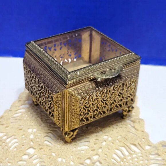 Antique Gold Ormolu Jewelry Box Square with Beveled Glass Lid - Picture 1 of 7